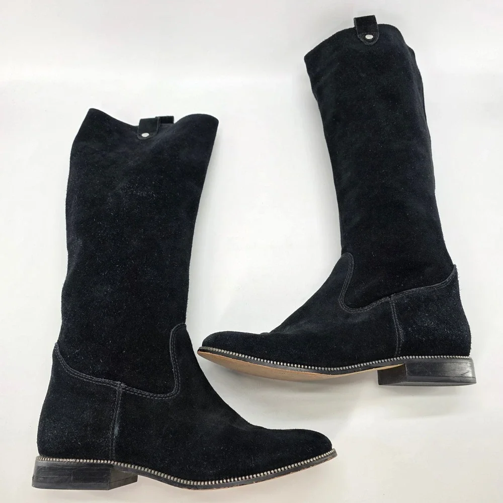 Michael Kors Knee Boots Bayview Black Suede Leather Riding Zipper Trim Pull On 8